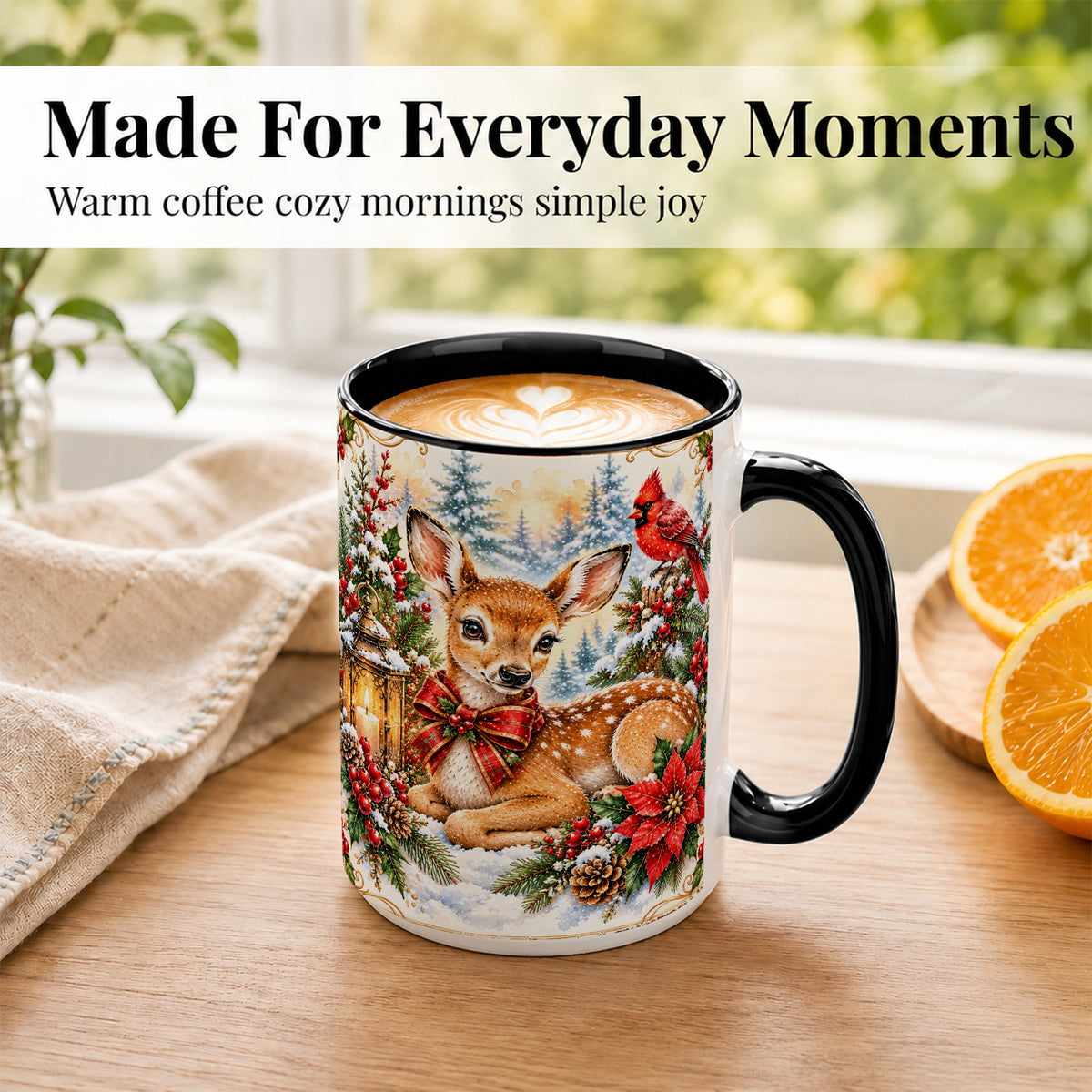 #pl[15oz|Black] Christmas Fawn Coffee Mug, Winter Deer Mug, Ceramic Cup