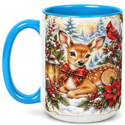 #pl[15oz|Blue] Christmas Fawn Coffee Mug, Winter Deer Mug, Ceramic Cup