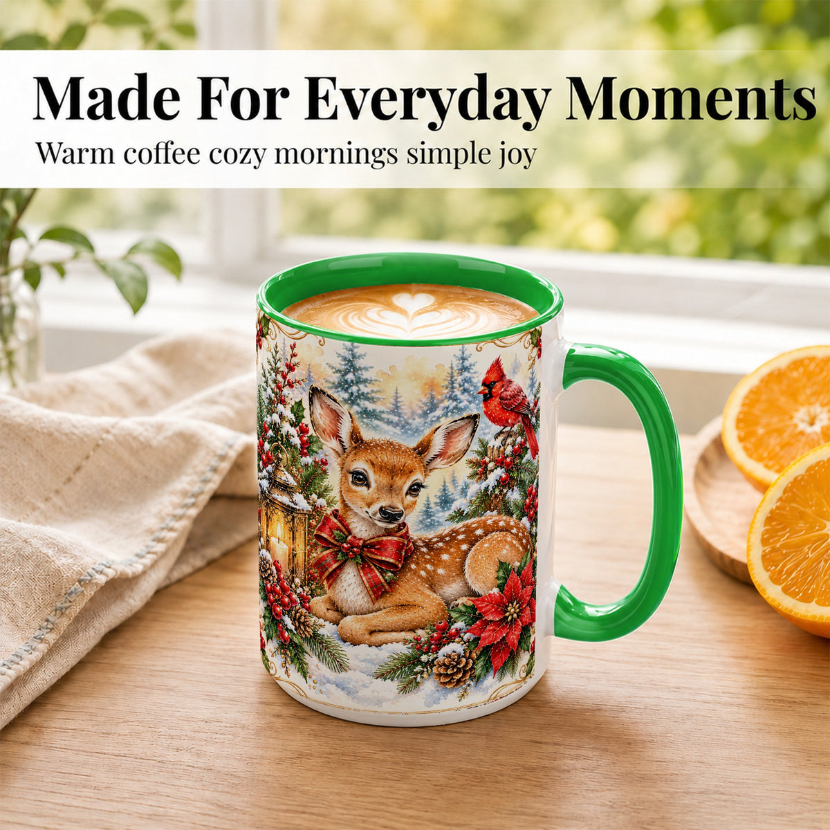 #pl[15oz|Green] Christmas Fawn Coffee Mug, Winter Deer Mug, Ceramic Cup