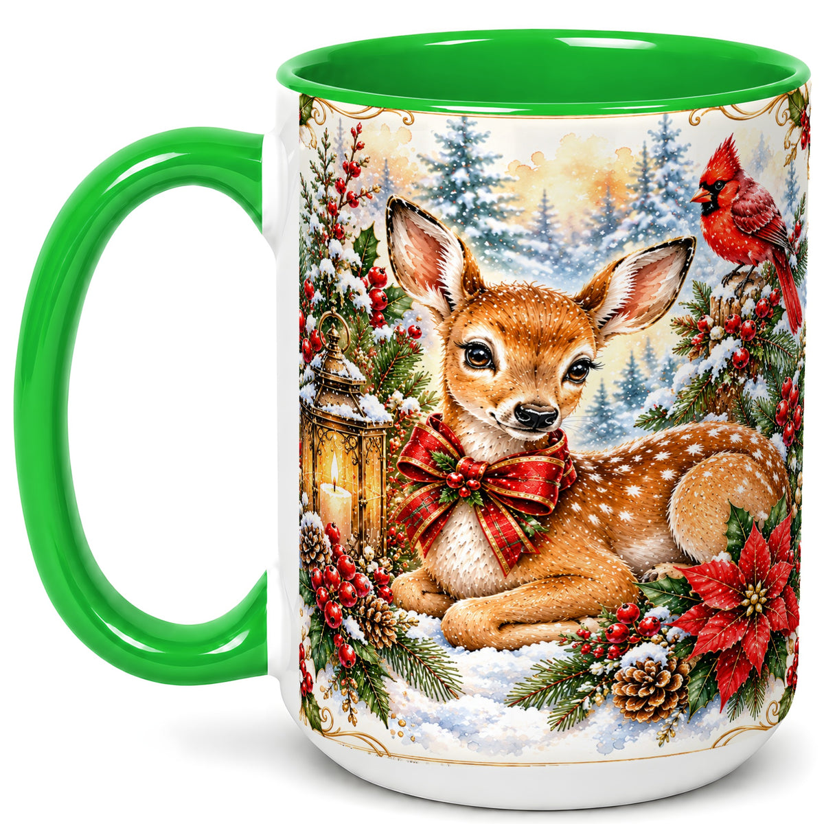 #pl[15oz|Green] Christmas Fawn Coffee Mug, Winter Deer Mug, Ceramic Cup