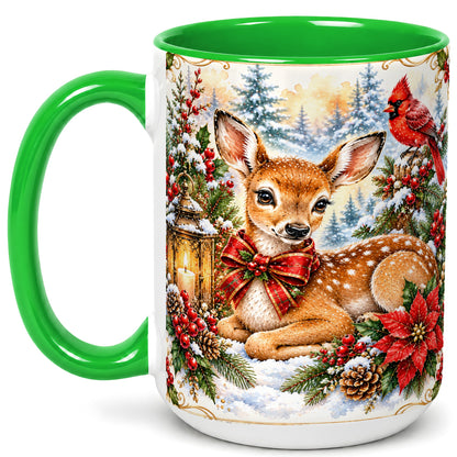 #pl[15oz|Green] Christmas Fawn Coffee Mug, Winter Deer Mug, Ceramic Cup