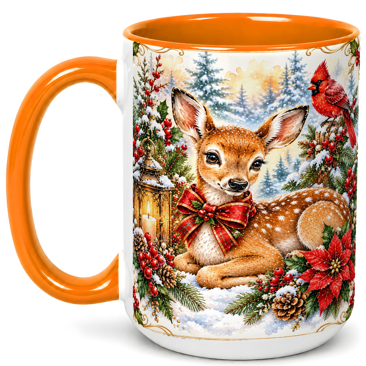 #pl[15oz|Orange] Christmas Fawn Coffee Mug, Winter Deer Mug, Ceramic Cup