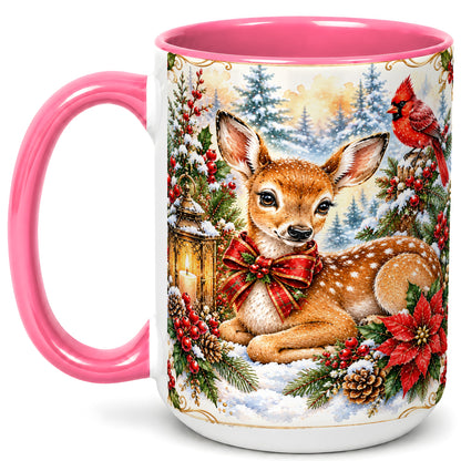 #pl[15oz|Pink] Christmas Fawn Coffee Mug, Winter Deer Mug, Ceramic Cup
