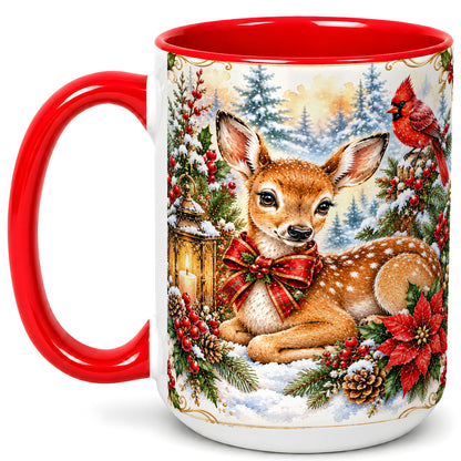 #pl[15oz|Red] Christmas Fawn Coffee Mug, Winter Deer Mug, Ceramic Cup