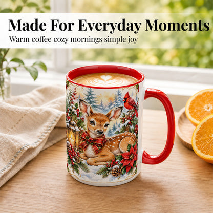 #pl[15oz|Red] Christmas Fawn Coffee Mug, Winter Deer Mug, Ceramic Cup