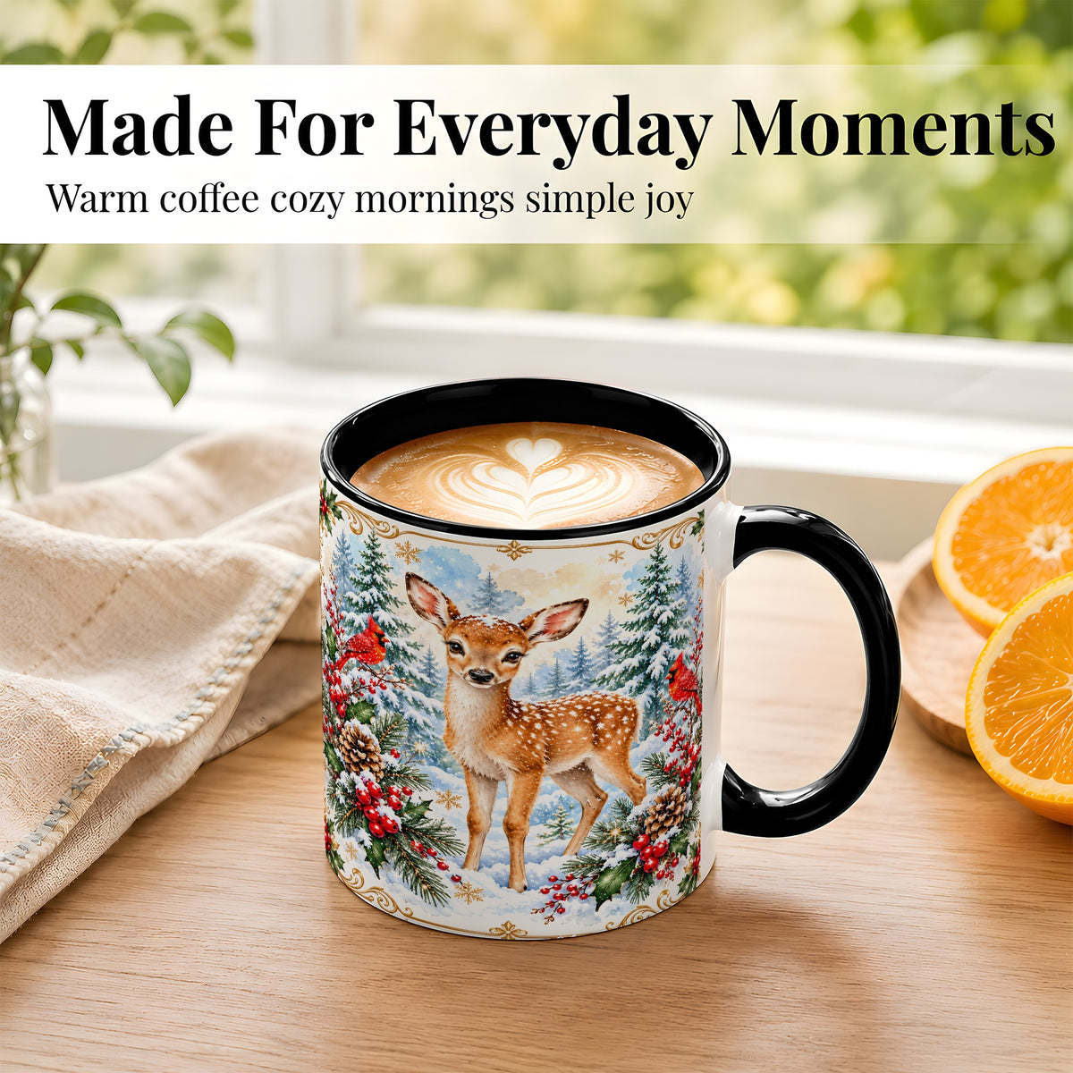 #pl[11oz|Black] Christmas Baby Deer Coffee Mug, Spotted Fawn Mug, Ceramic Cup