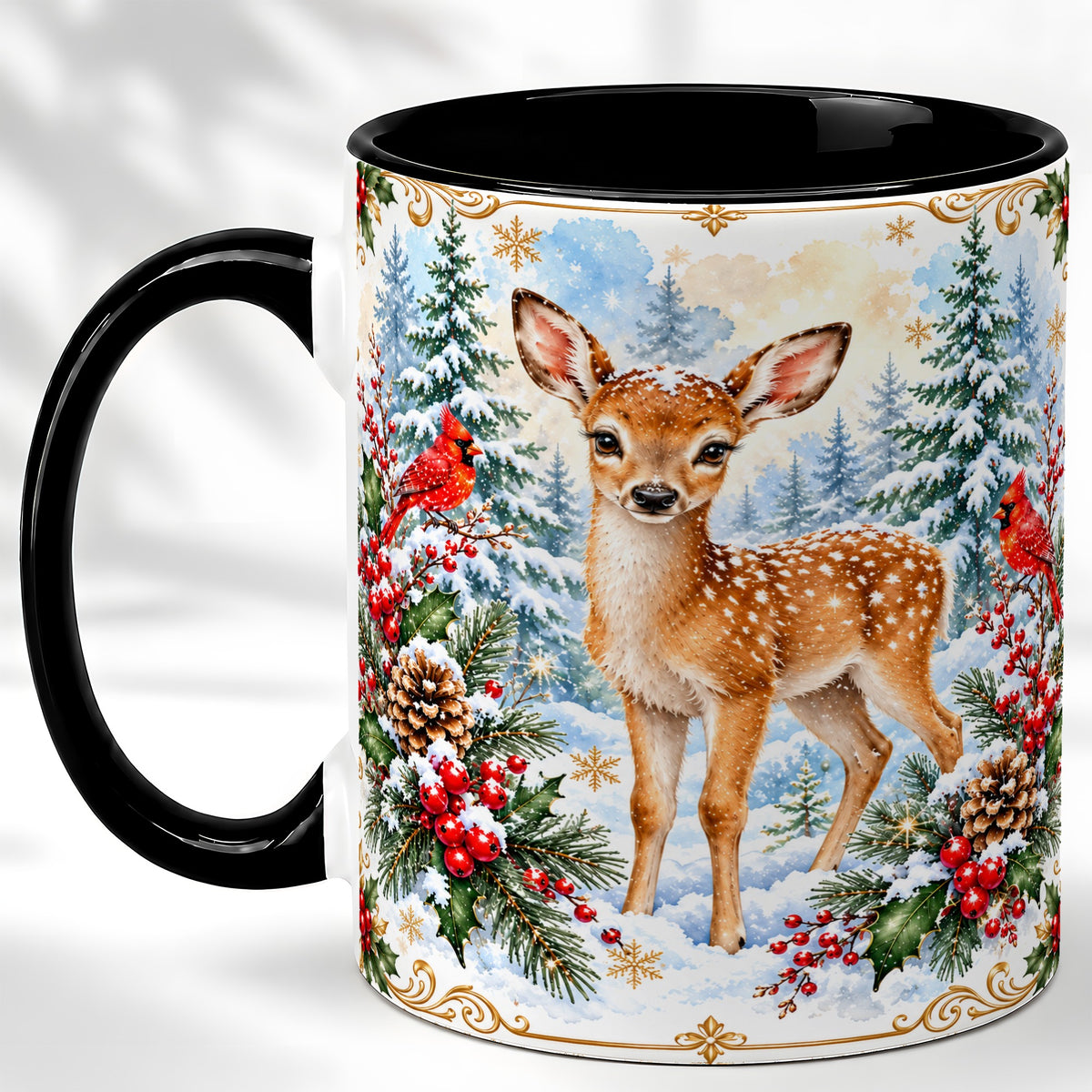 #pl[11oz|Black] Christmas Baby Deer Coffee Mug, Spotted Fawn Mug, Ceramic Cup