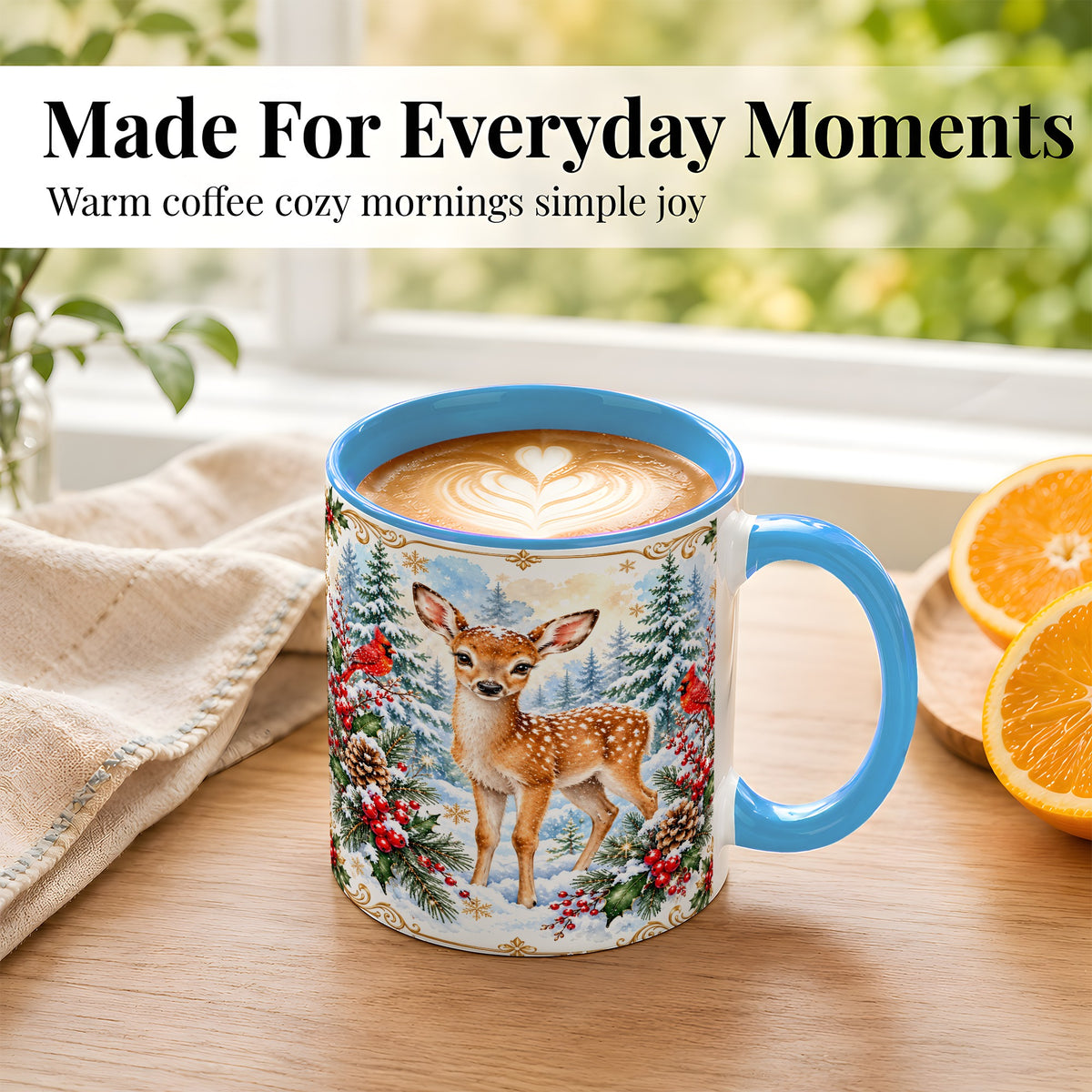 #pl[11oz|Blue] Christmas Baby Deer Coffee Mug, Spotted Fawn Mug, Ceramic Cup
