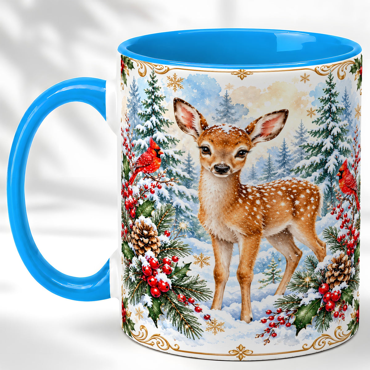 #pl[11oz|Blue] Christmas Baby Deer Coffee Mug, Spotted Fawn Mug, Ceramic Cup