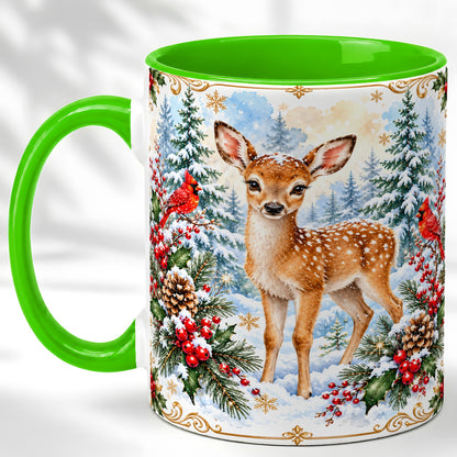 #pl[11oz|Green] Christmas Baby Deer Coffee Mug, Spotted Fawn Mug, Ceramic Cup