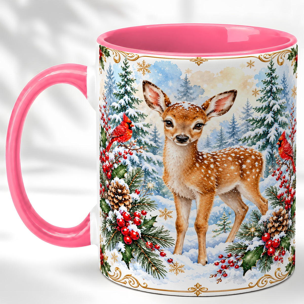 #pl[11oz|Pink] Christmas Baby Deer Coffee Mug, Spotted Fawn Mug, Ceramic Cup