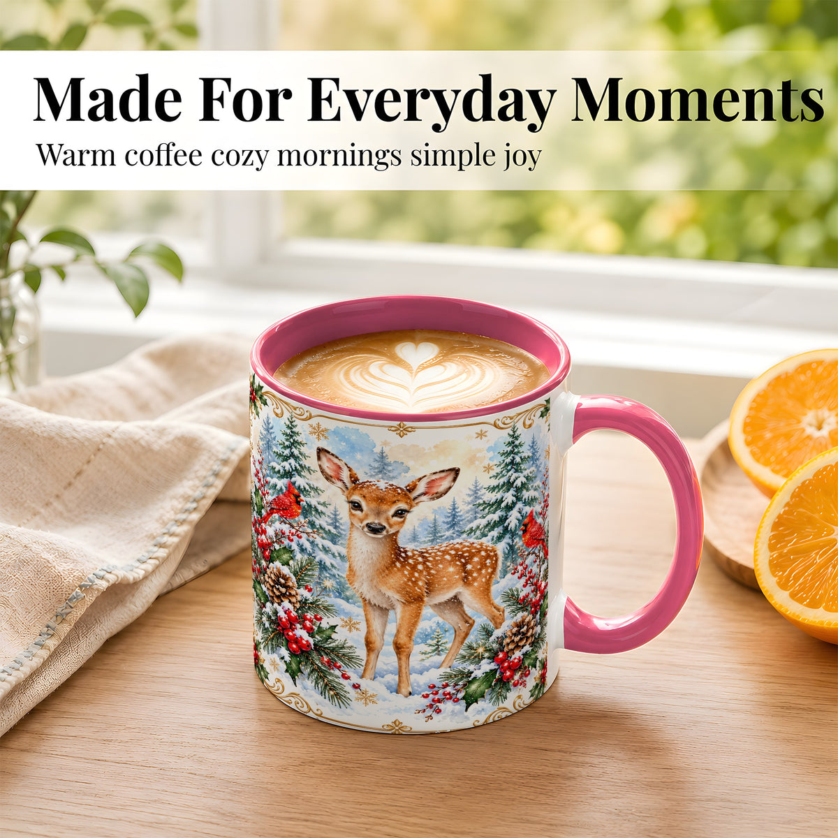 #pl[11oz|Pink] Christmas Baby Deer Coffee Mug, Spotted Fawn Mug, Ceramic Cup