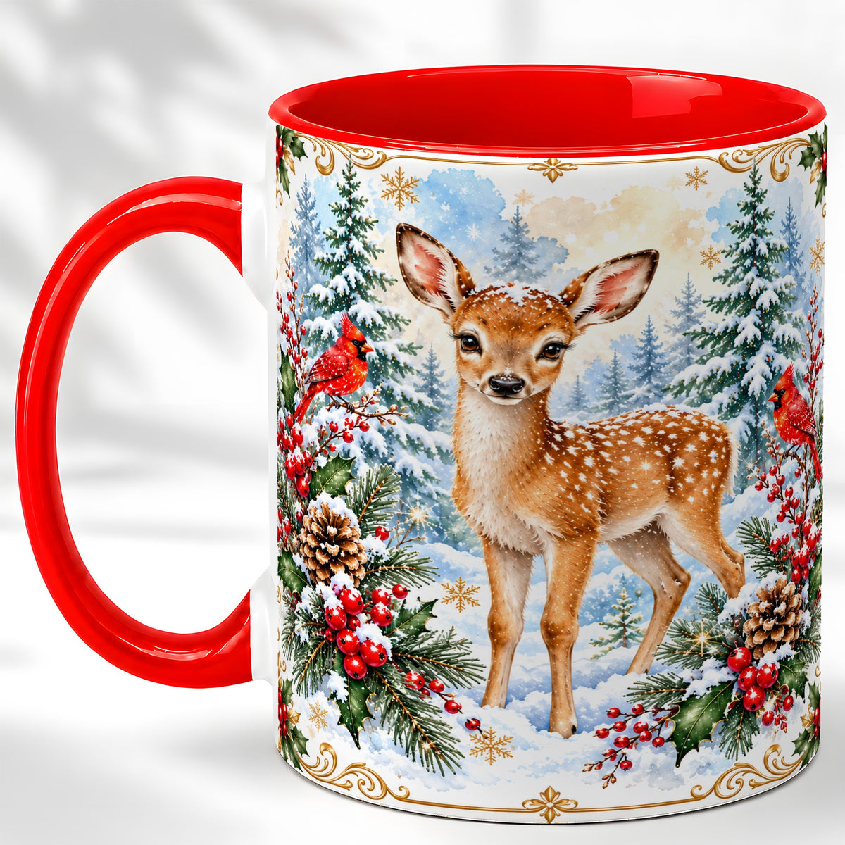 Christmas Baby Deer Coffee Mug, Spotted Fawn Mug, Ceramic Cup