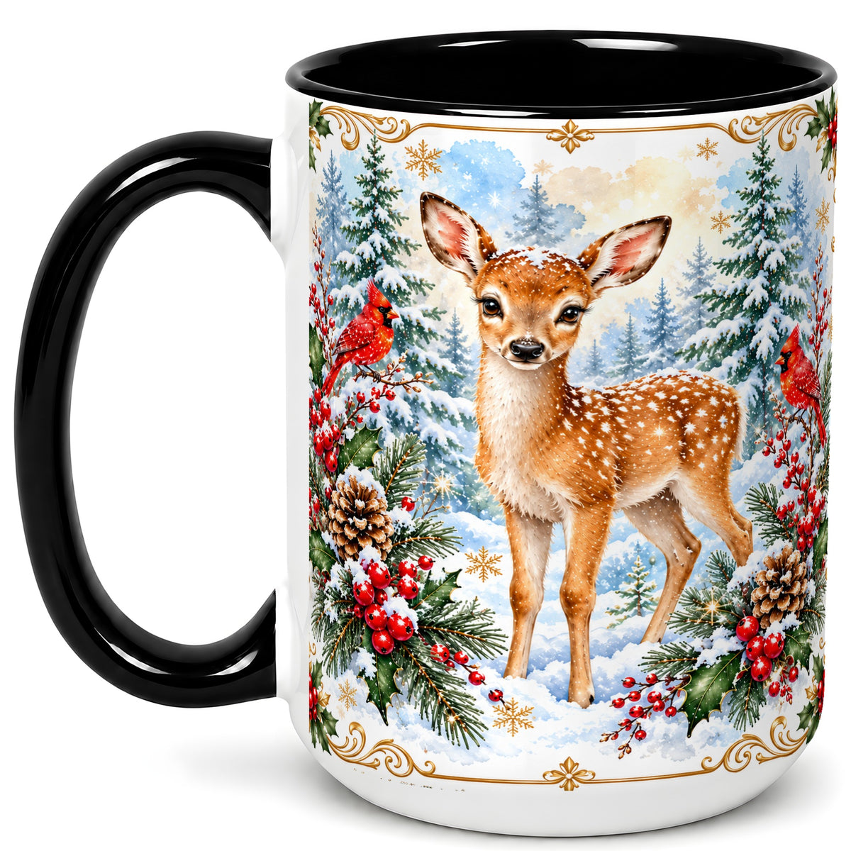 #pl[15oz|Black] Christmas Baby Deer Coffee Mug, Spotted Fawn Mug, Ceramic Cup