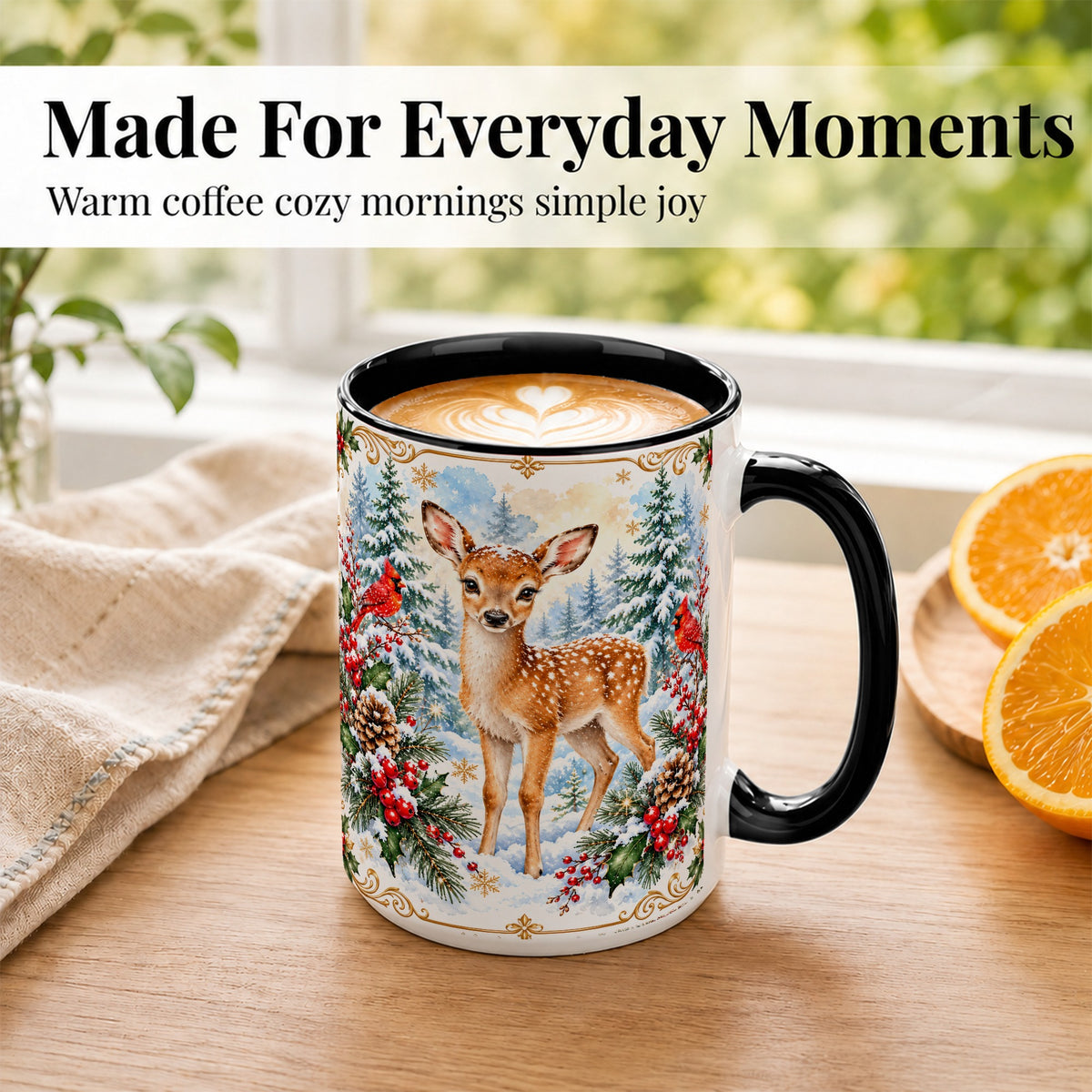 #pl[15oz|Black] Christmas Baby Deer Coffee Mug, Spotted Fawn Mug, Ceramic Cup