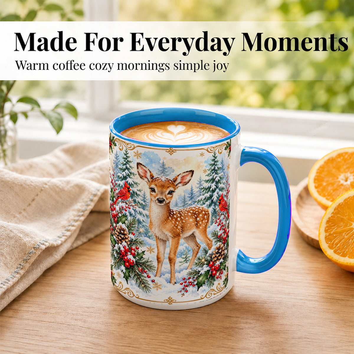 #pl[15oz|Blue] Christmas Baby Deer Coffee Mug, Spotted Fawn Mug, Ceramic Cup