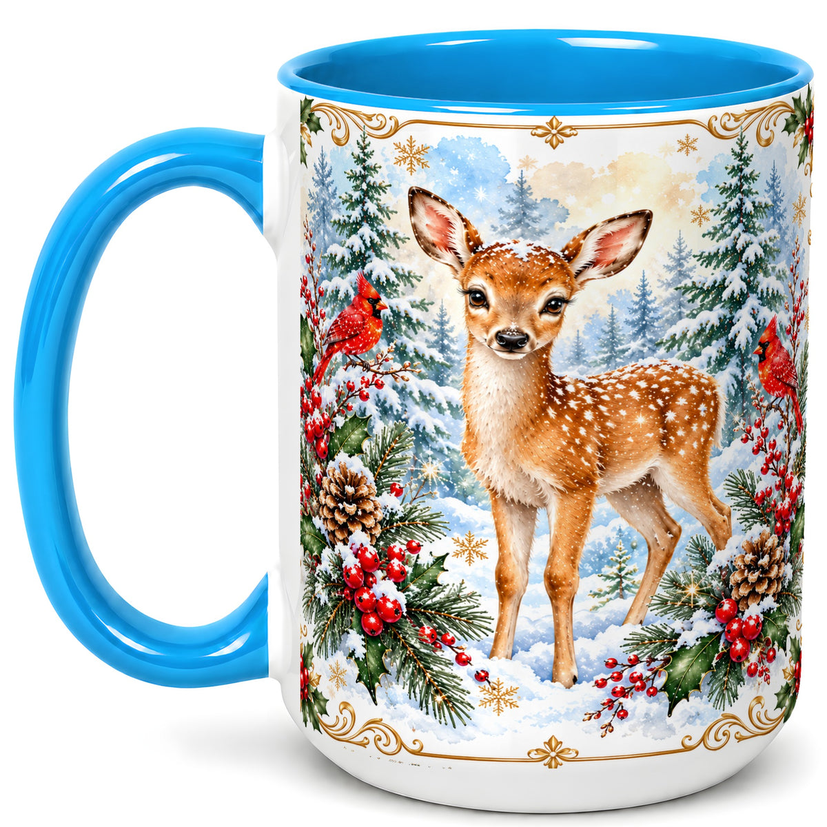 #pl[15oz|Blue] Christmas Baby Deer Coffee Mug, Spotted Fawn Mug, Ceramic Cup