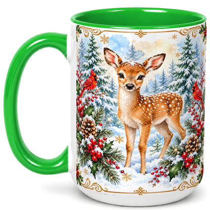 #pl[15oz|Green] Christmas Baby Deer Coffee Mug, Spotted Fawn Mug, Ceramic Cup