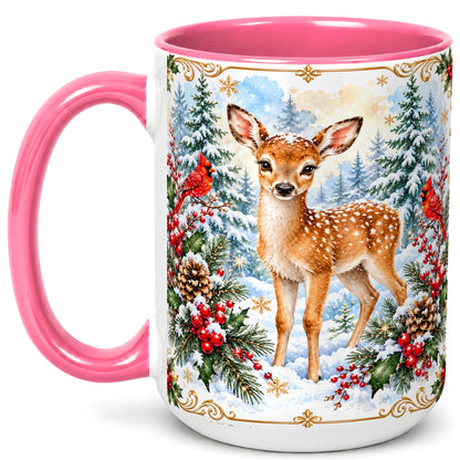 #pl[15oz|Pink] Christmas Baby Deer Coffee Mug, Spotted Fawn Mug, Ceramic Cup