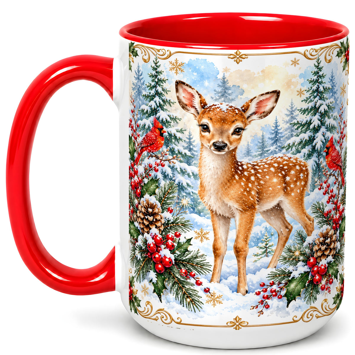 #pl[15oz|Red] Christmas Baby Deer Coffee Mug, Spotted Fawn Mug, Ceramic Cup