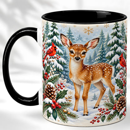 #pl[11oz|Black] Winter Fawn Coffee Mug, Christmas Woodland Deer Mug, Ceramic Cup