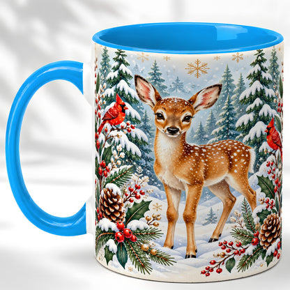 #pl[11oz|Blue] Winter Fawn Coffee Mug, Christmas Woodland Deer Mug, Ceramic Cup