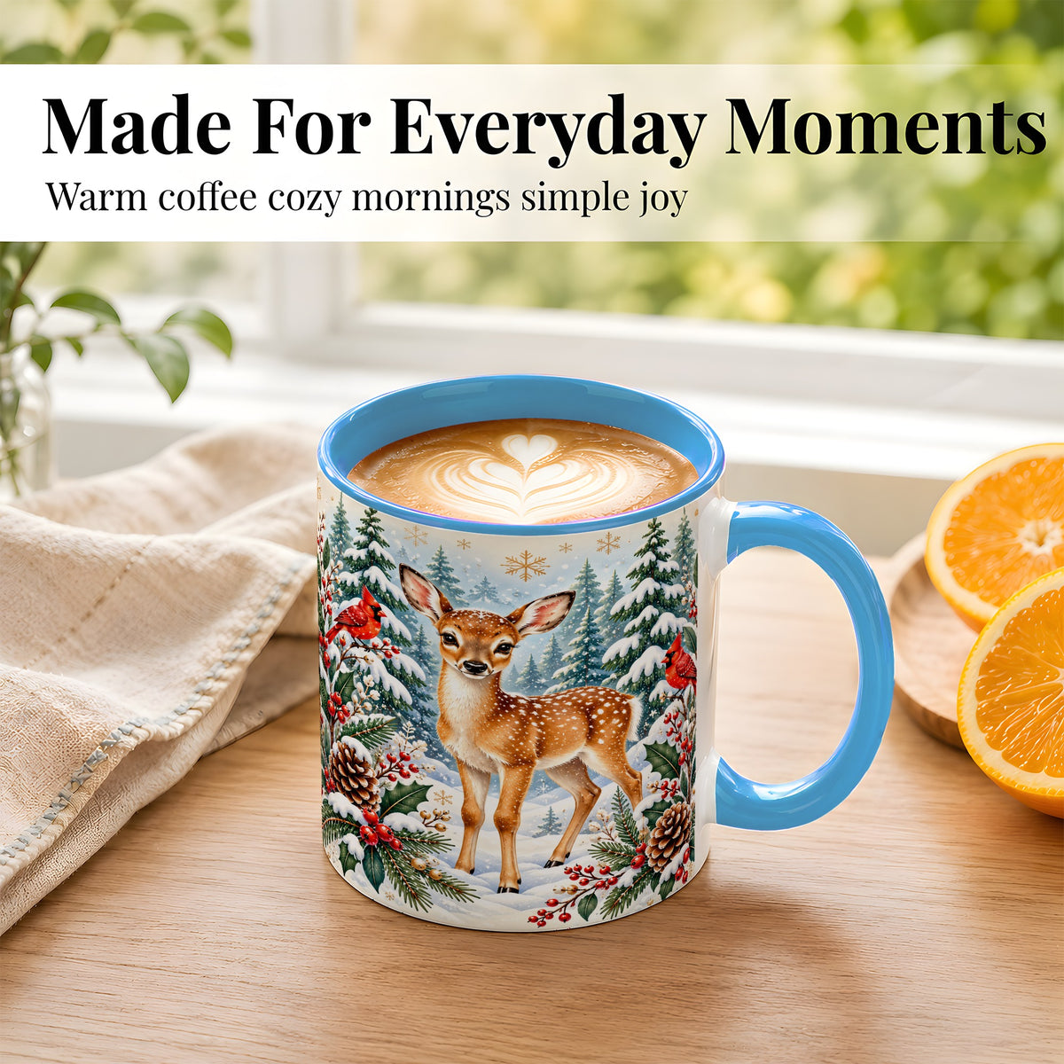 #pl[11oz|Blue] Winter Fawn Coffee Mug, Christmas Woodland Deer Mug, Ceramic Cup