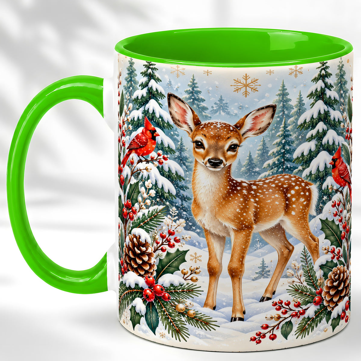 #pl[11oz|Green] Winter Fawn Coffee Mug, Christmas Woodland Deer Mug, Ceramic Cup