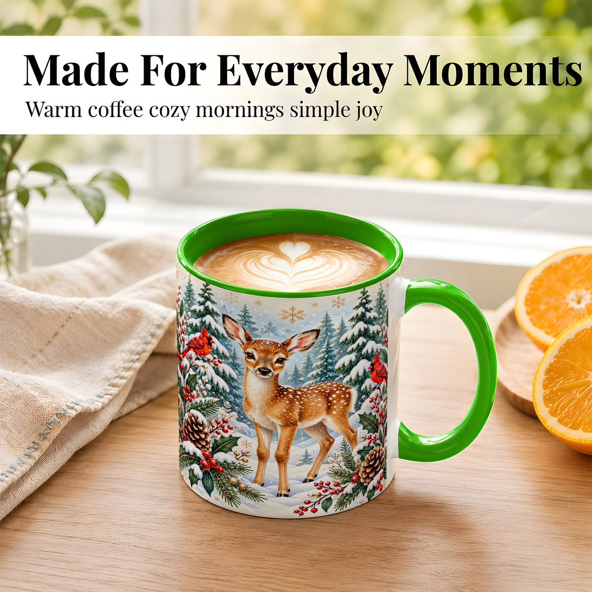 #pl[11oz|Green] Winter Fawn Coffee Mug, Christmas Woodland Deer Mug, Ceramic Cup