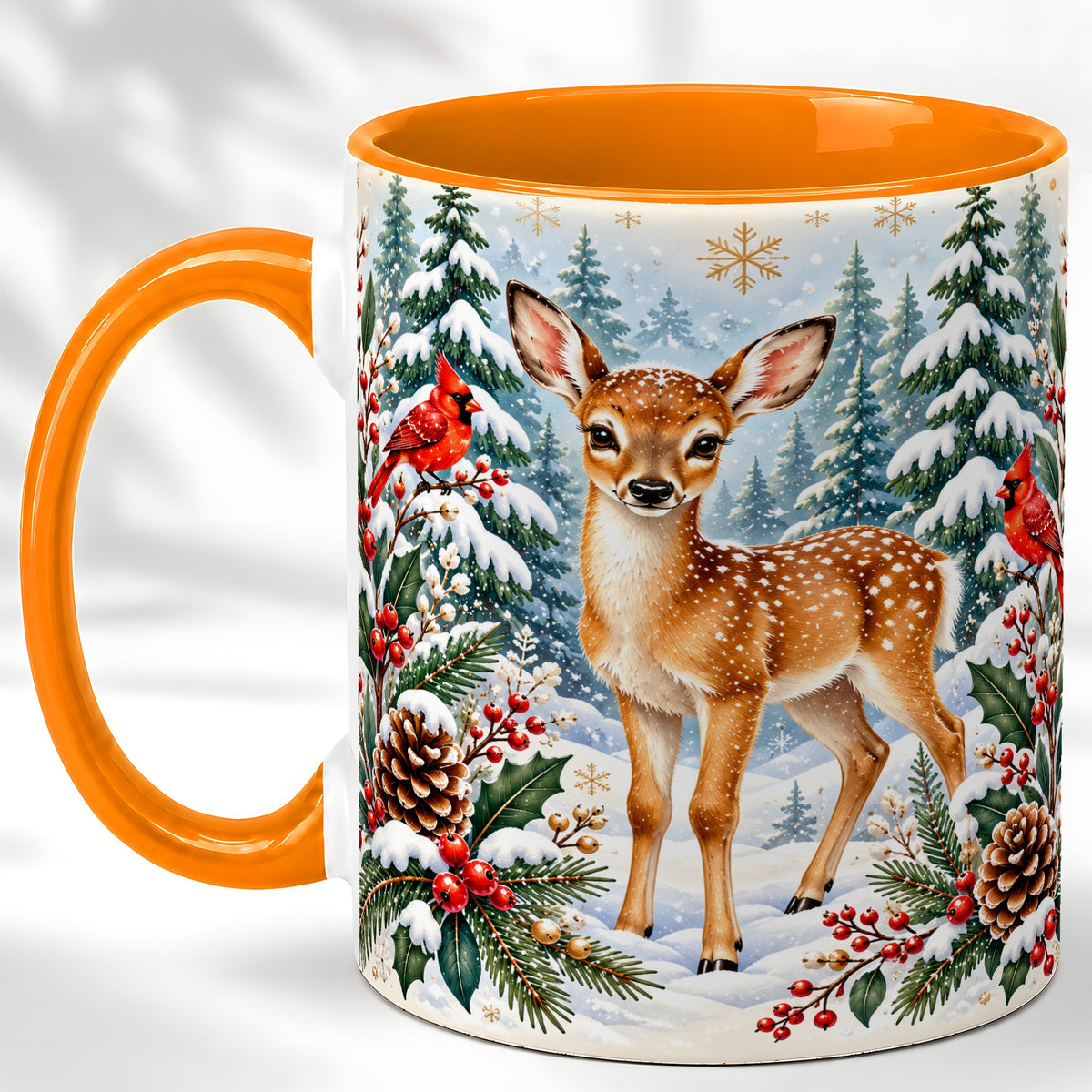 #pl[11oz|Orange] Winter Fawn Coffee Mug, Christmas Woodland Deer Mug, Ceramic Cup