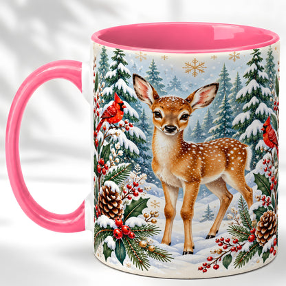 #pl[11oz|Pink] Winter Fawn Coffee Mug, Christmas Woodland Deer Mug, Ceramic Cup