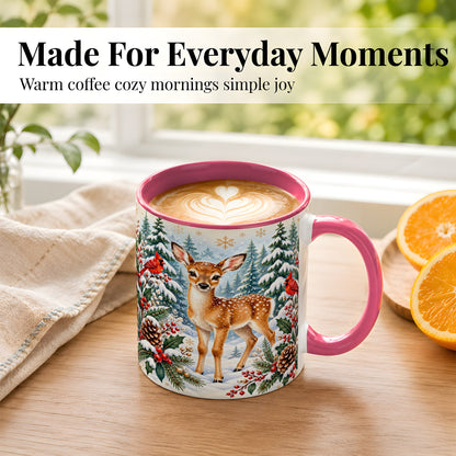 #pl[11oz|Pink] Winter Fawn Coffee Mug, Christmas Woodland Deer Mug, Ceramic Cup