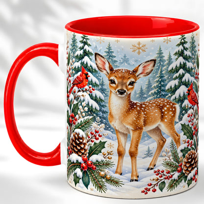 Winter Fawn Coffee Mug, Christmas Woodland Deer Mug, Ceramic Cup