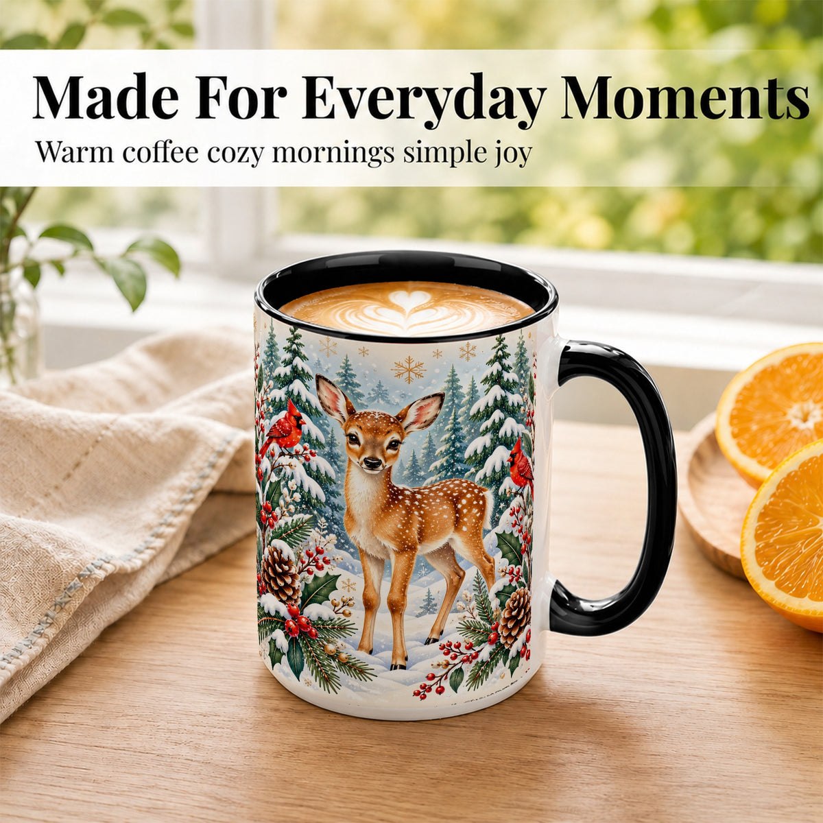 #pl[15oz|Black] Winter Fawn Coffee Mug, Christmas Woodland Deer Mug, Ceramic Cup
