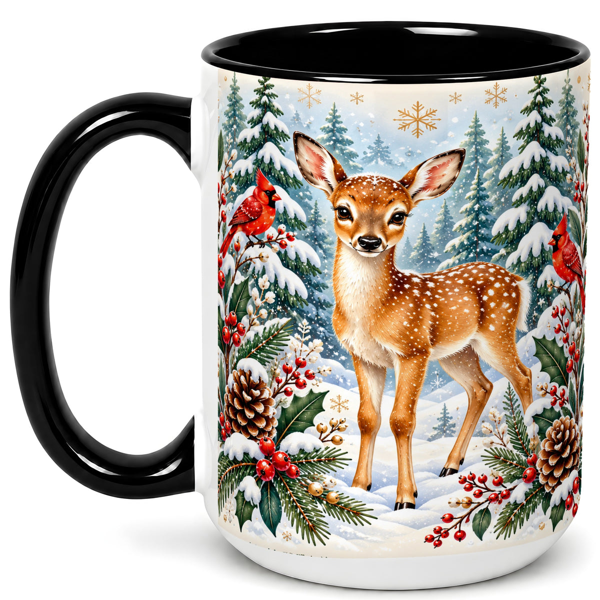#pl[15oz|Black] Winter Fawn Coffee Mug, Christmas Woodland Deer Mug, Ceramic Cup