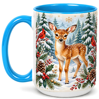 #pl[15oz|Blue] Winter Fawn Coffee Mug, Christmas Woodland Deer Mug, Ceramic Cup