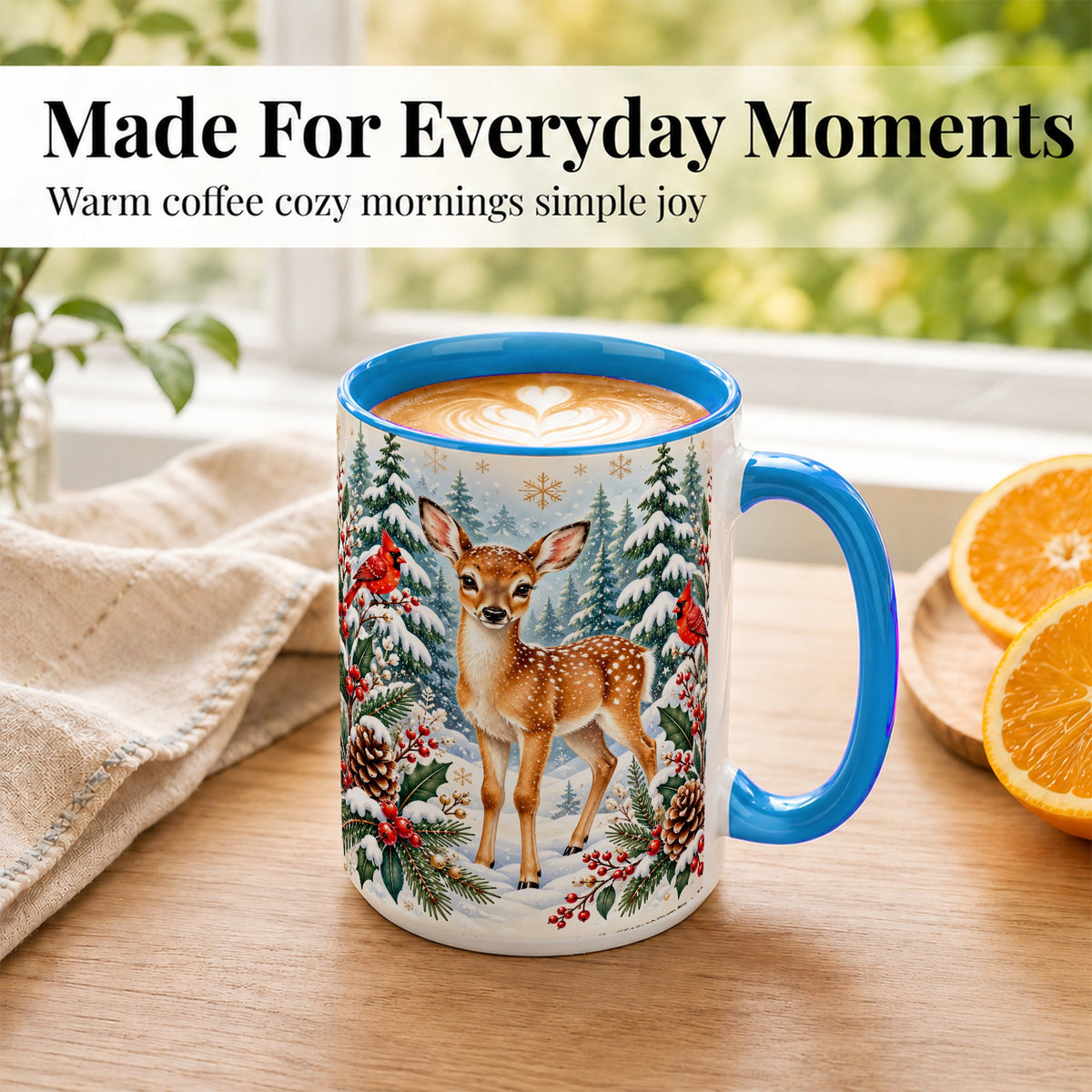 #pl[15oz|Blue] Winter Fawn Coffee Mug, Christmas Woodland Deer Mug, Ceramic Cup