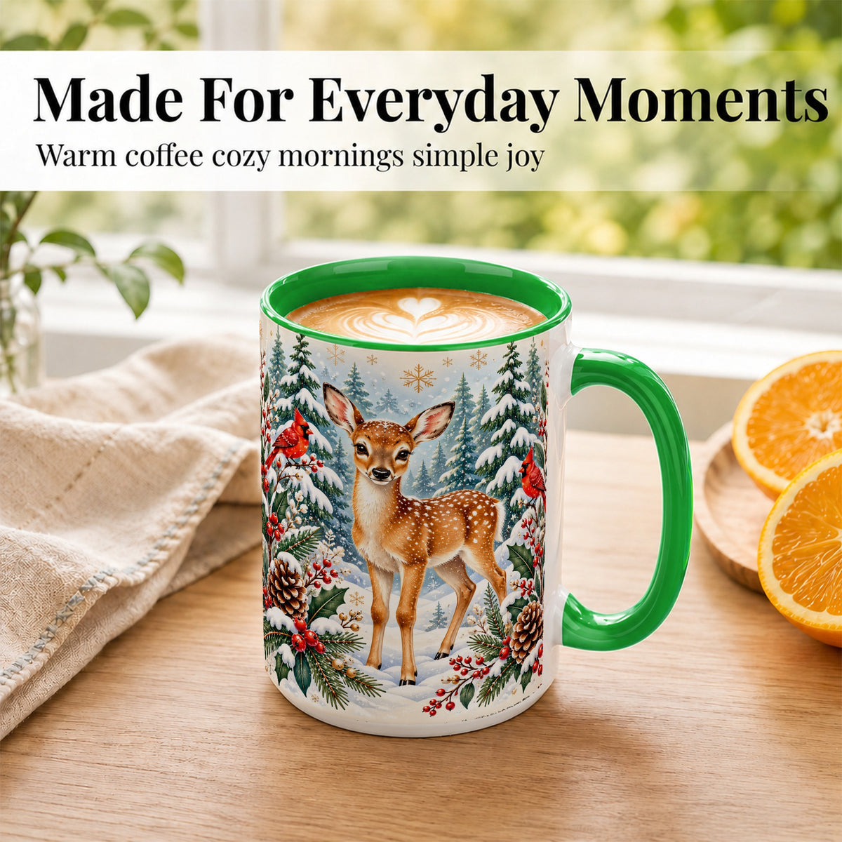 #pl[15oz|Green] Winter Fawn Coffee Mug, Christmas Woodland Deer Mug, Ceramic Cup