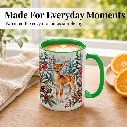 #pl[15oz|Green] Winter Fawn Coffee Mug, Christmas Woodland Deer Mug, Ceramic Cup