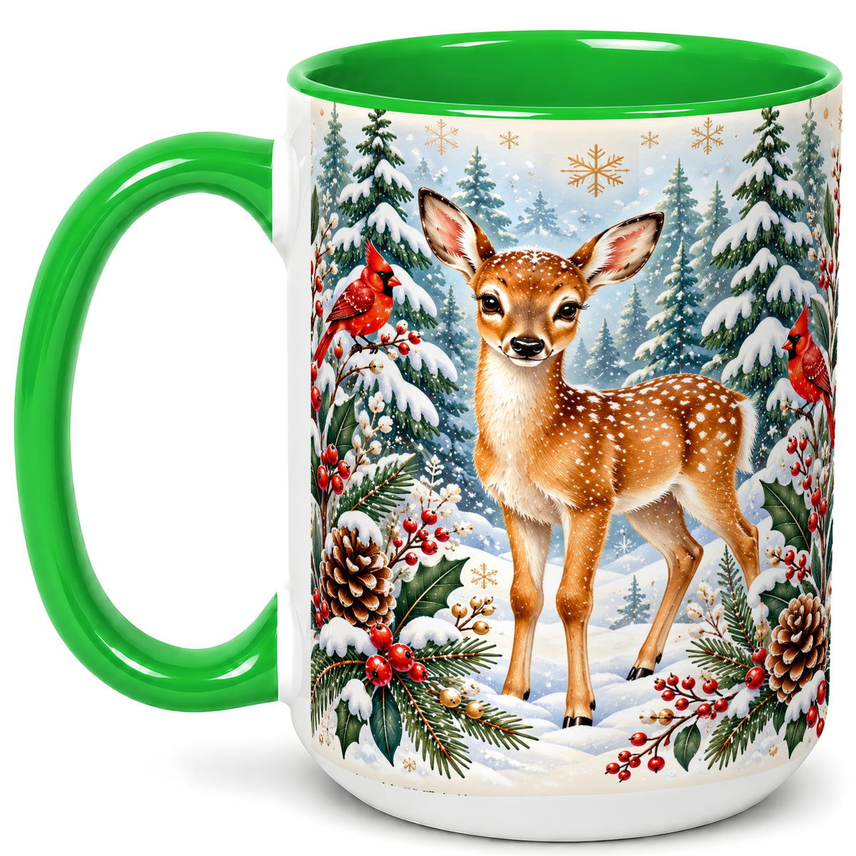 #pl[15oz|Green] Winter Fawn Coffee Mug, Christmas Woodland Deer Mug, Ceramic Cup