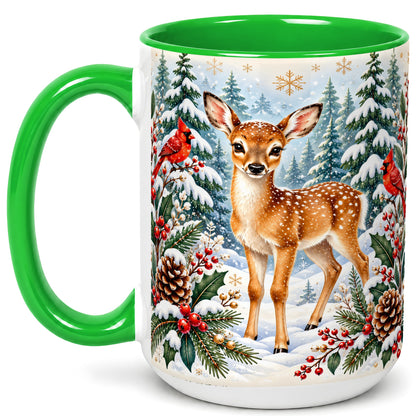#pl[15oz|Green] Winter Fawn Coffee Mug, Christmas Woodland Deer Mug, Ceramic Cup