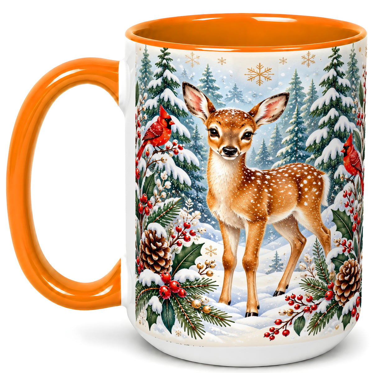 #pl[15oz|Orange] Winter Fawn Coffee Mug, Christmas Woodland Deer Mug, Ceramic Cup