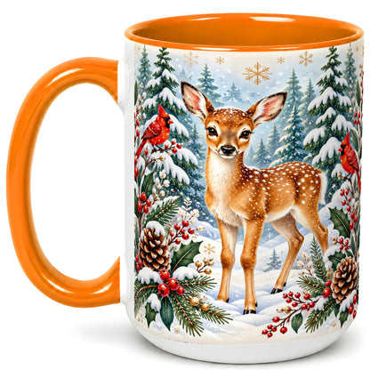 #pl[15oz|Orange] Winter Fawn Coffee Mug, Christmas Woodland Deer Mug, Ceramic Cup