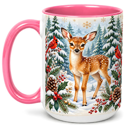 #pl[15oz|Pink] Winter Fawn Coffee Mug, Christmas Woodland Deer Mug, Ceramic Cup