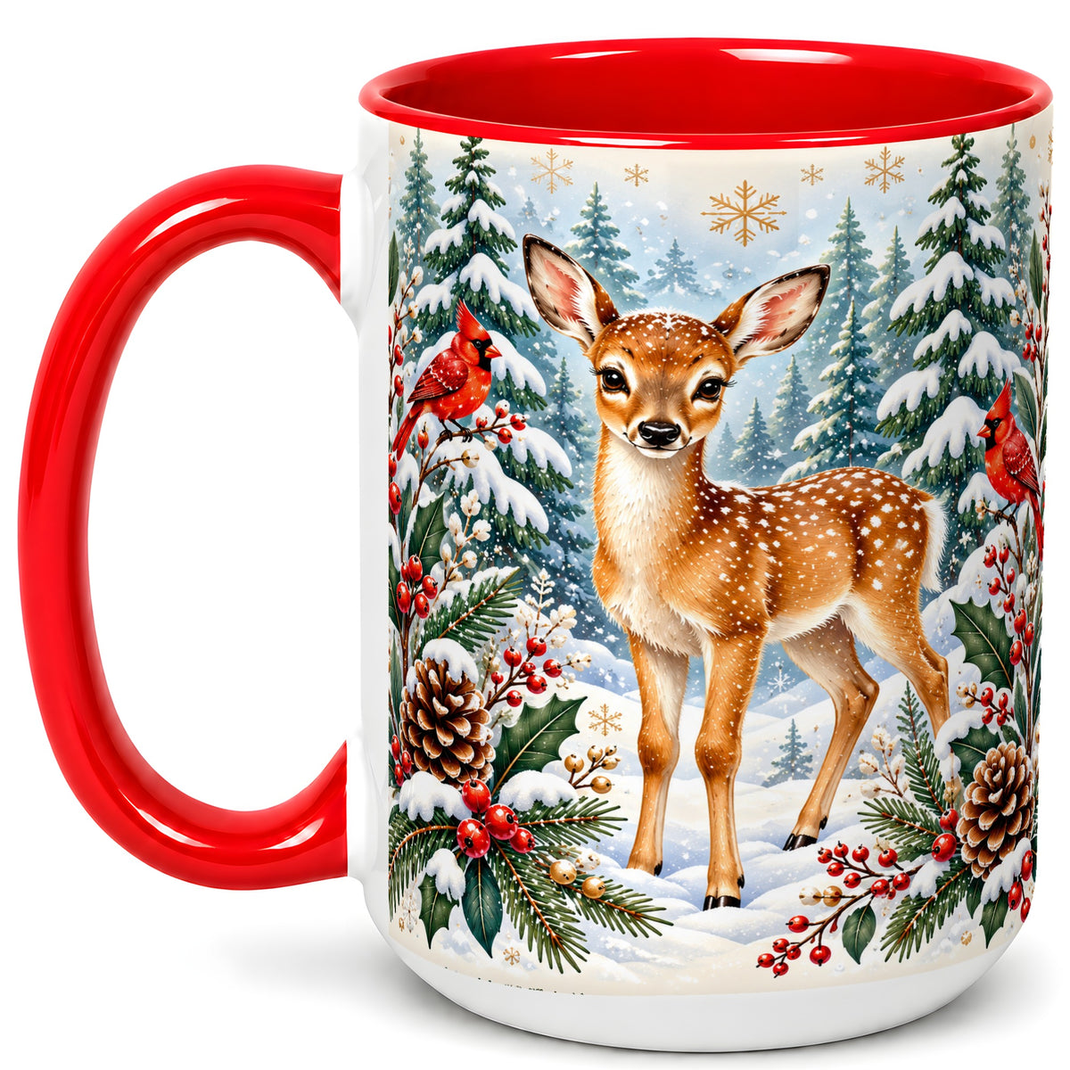 #pl[15oz|Red] Winter Fawn Coffee Mug, Christmas Woodland Deer Mug, Ceramic Cup