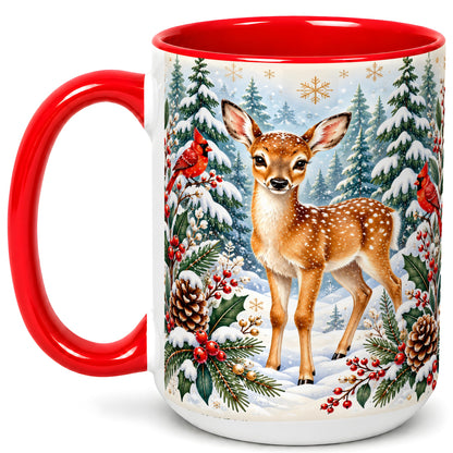 #pl[15oz|Red] Winter Fawn Coffee Mug, Christmas Woodland Deer Mug, Ceramic Cup