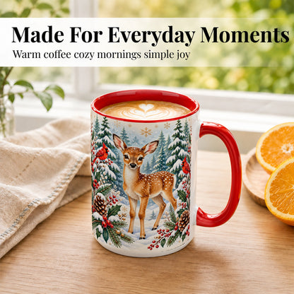 #pl[15oz|Red] Winter Fawn Coffee Mug, Christmas Woodland Deer Mug, Ceramic Cup
