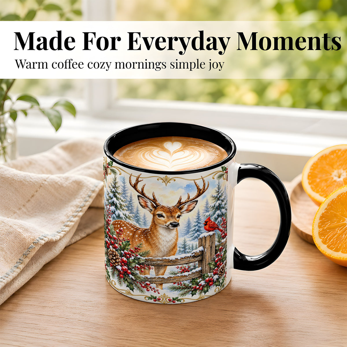 #pl[11oz|Black] Christmas Buck Coffee Mug, Antlered Winter Deer Mug, Ceramic Cup