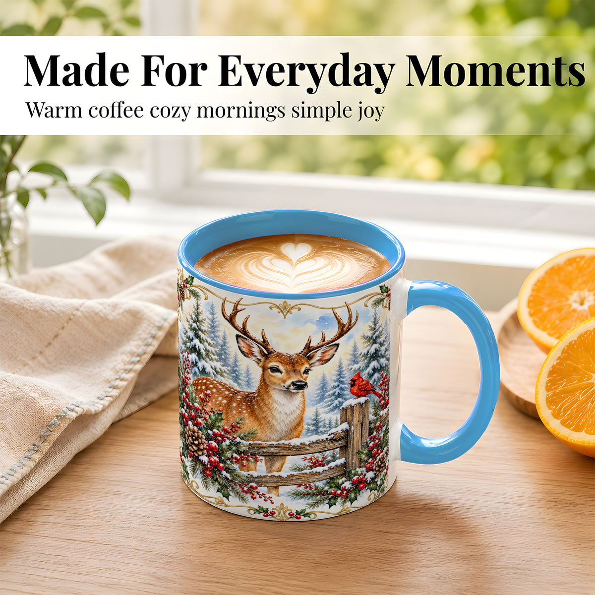 #pl[11oz|Blue] Christmas Buck Coffee Mug, Antlered Winter Deer Mug, Ceramic Cup