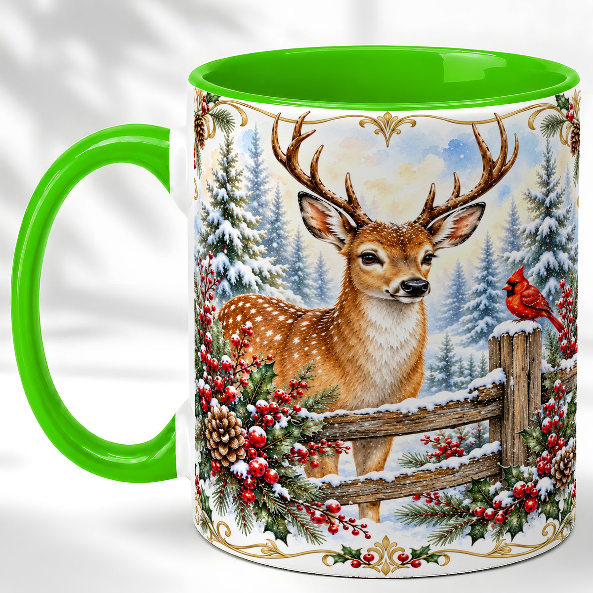 #pl[11oz|Green] Christmas Buck Coffee Mug, Antlered Winter Deer Mug, Ceramic Cup